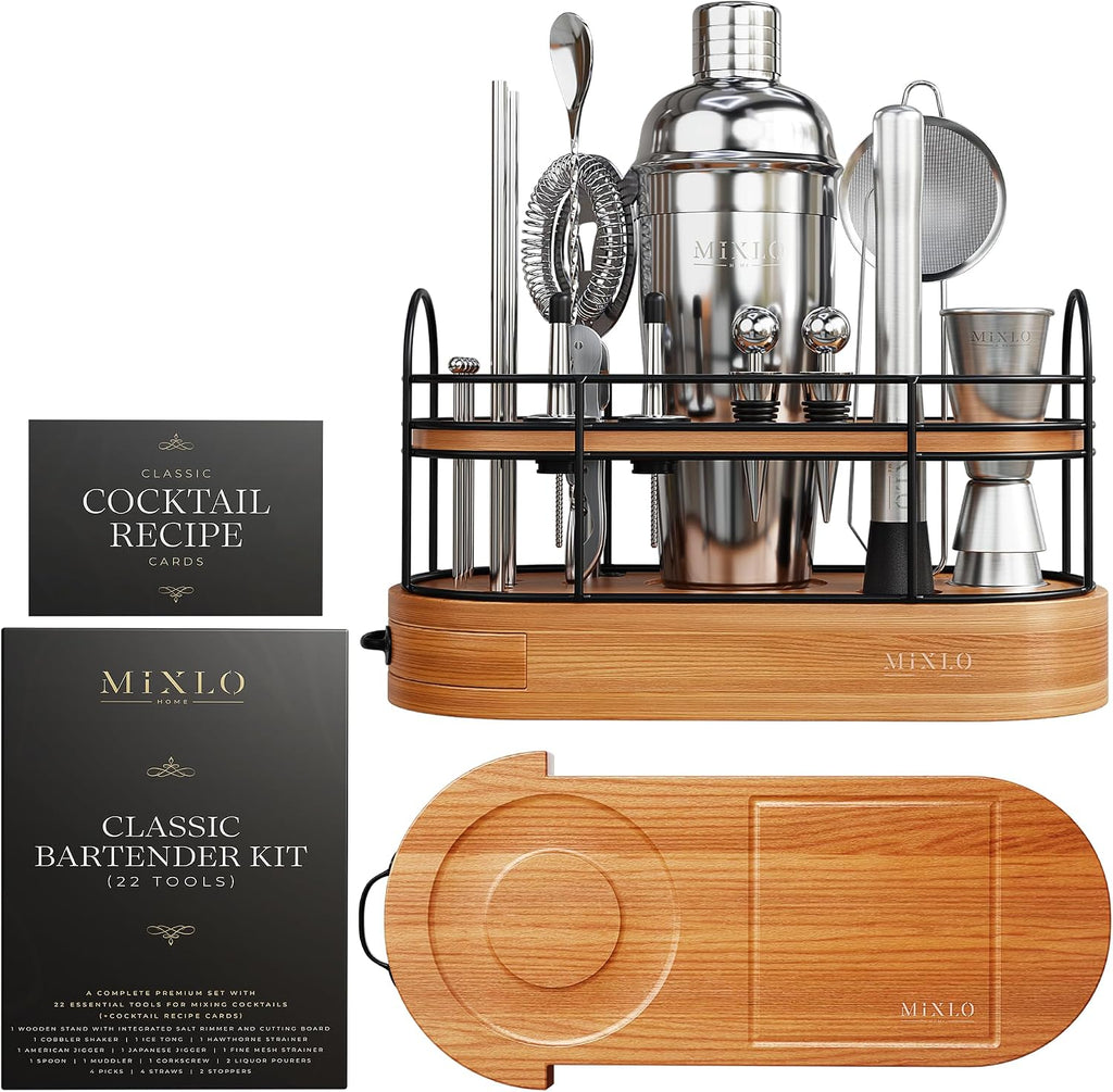 Mixology Bartender Kit - Bar Set Cocktail Shaker Set w Brown Bar Cart Accessories Stand - Shakers Bartending - Set of 22