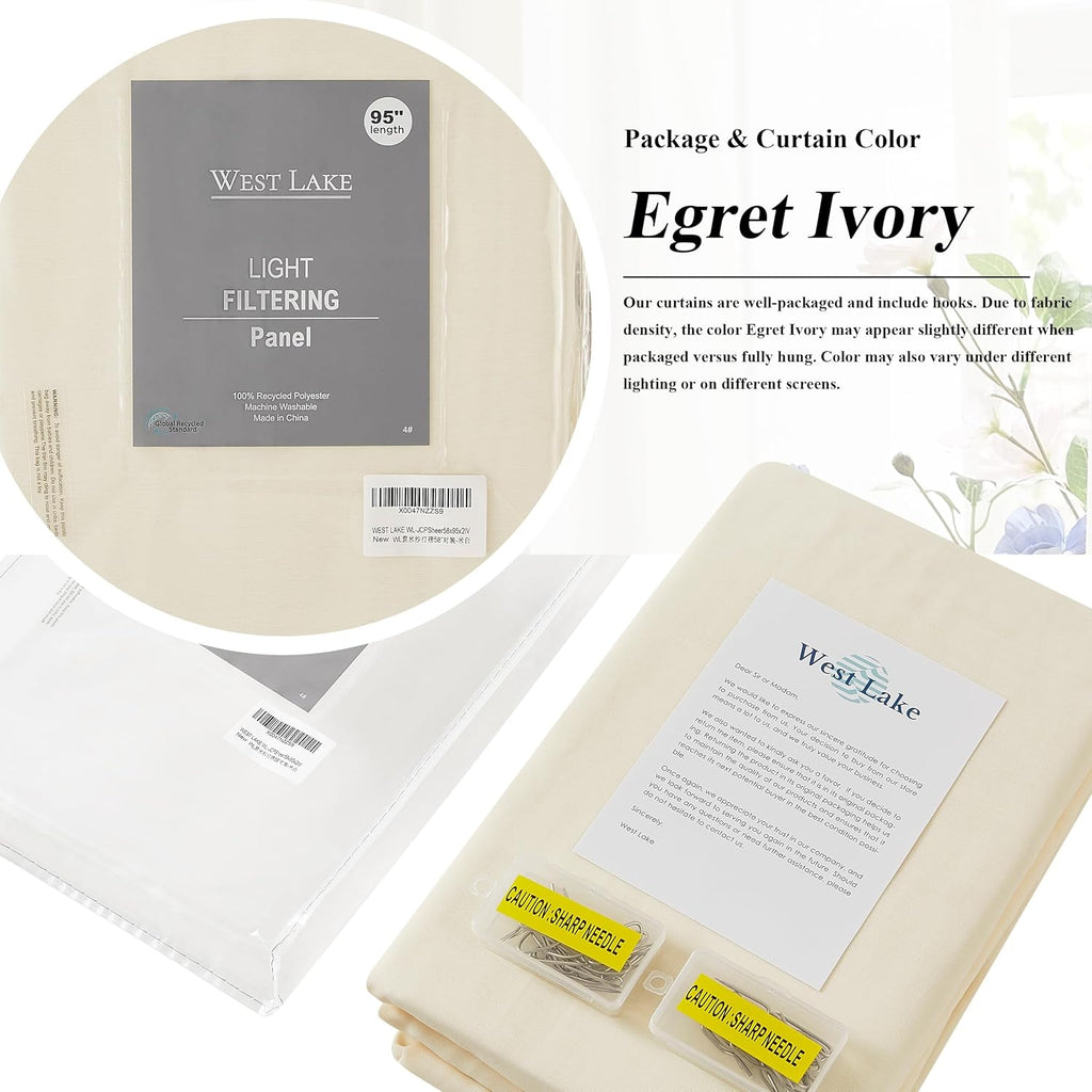 95 Inches Long Egret Ivory Pinch Pleated Sheer Curtains for Bedroom Living Room Sliding Patio Door,Farmhouse Textured