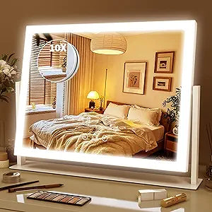 Lighted Makeup Mirror 16.3"X12.6", Hollywood Vanity Mirror with 10X Magnifier, 3 Color Led Lighting Modes, Smart Touch