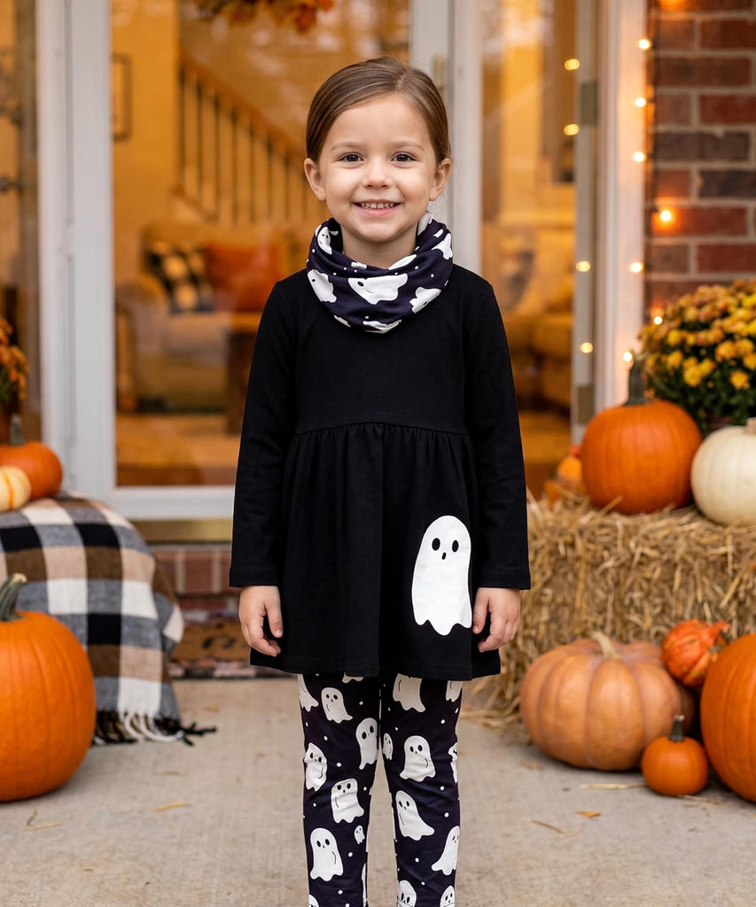 Girls Kids Toddler 3pc Outfit Set Long Sleeve Lightweight Tunic Top Leggings and Scarf