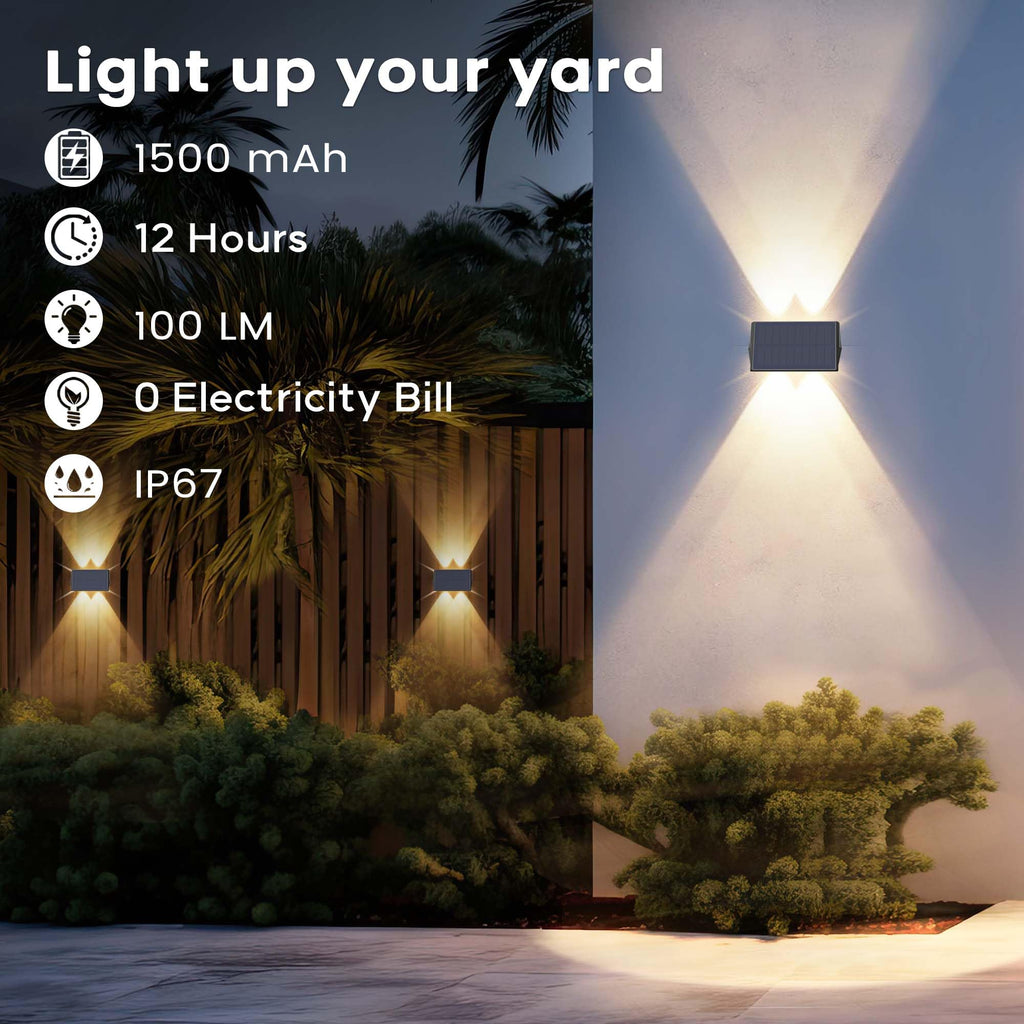 Solar Lights Outdoor Waterproof IP67, WarmWhite Solar Wall Lights Outdoor with Flexible Up and Down, Fence Lights