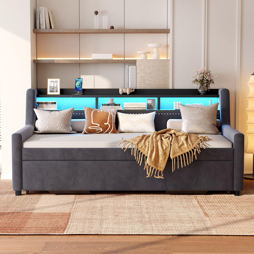 Twin to King Daybed with Pop Up Trundle, King Size Day Bed Frame with LED Lights, USB/Type C Charging Station