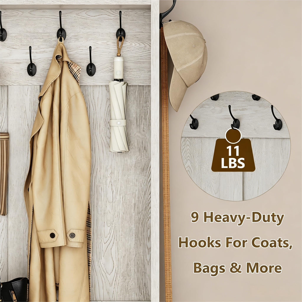 5-in-1 Hall Tree with Bench and Shoe Storage, 51" W Entryway Organizer Coat Rack, Rustic White