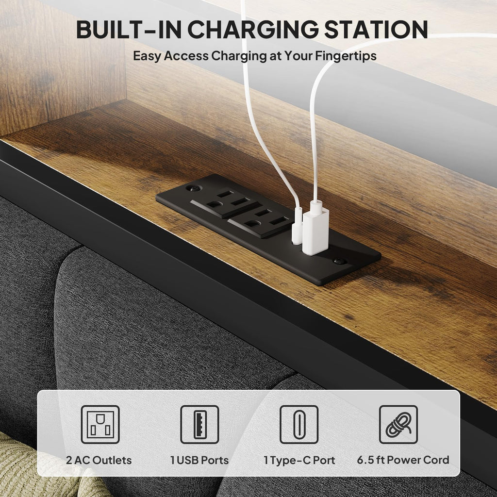 Bed Frame with LED Lights and Charging Station, Vintage Brown