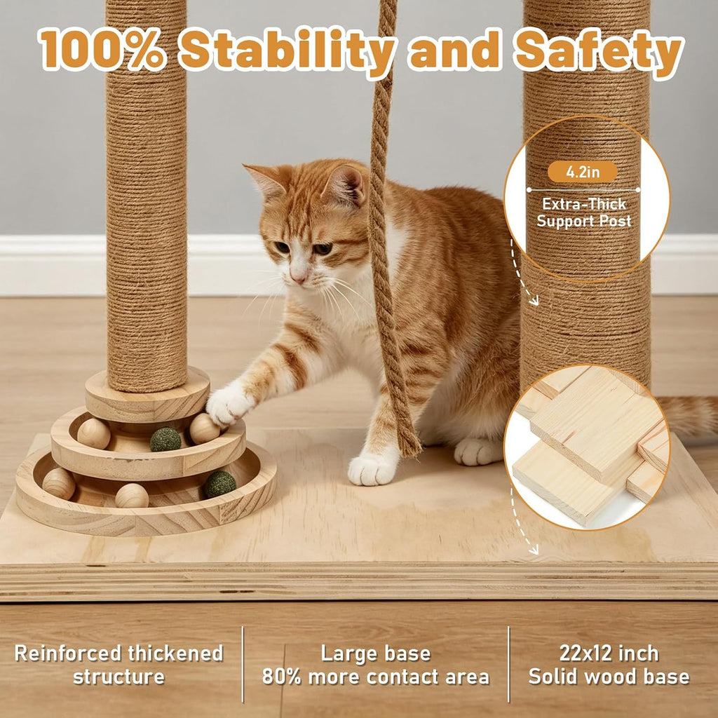 Floor to Ceiling Cat Tree, Tall Wood Pet Tower with Scratching Post