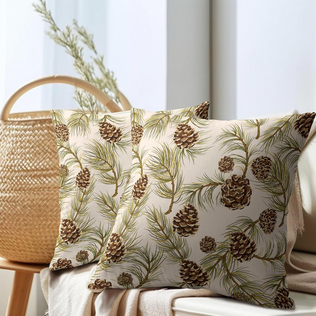 Winter Pine Cone Pillow Covers 18x18 Inch Christmas Theme Pinecone Plant Outdoor Throw Pillows Rustic Xmas - Set of 2