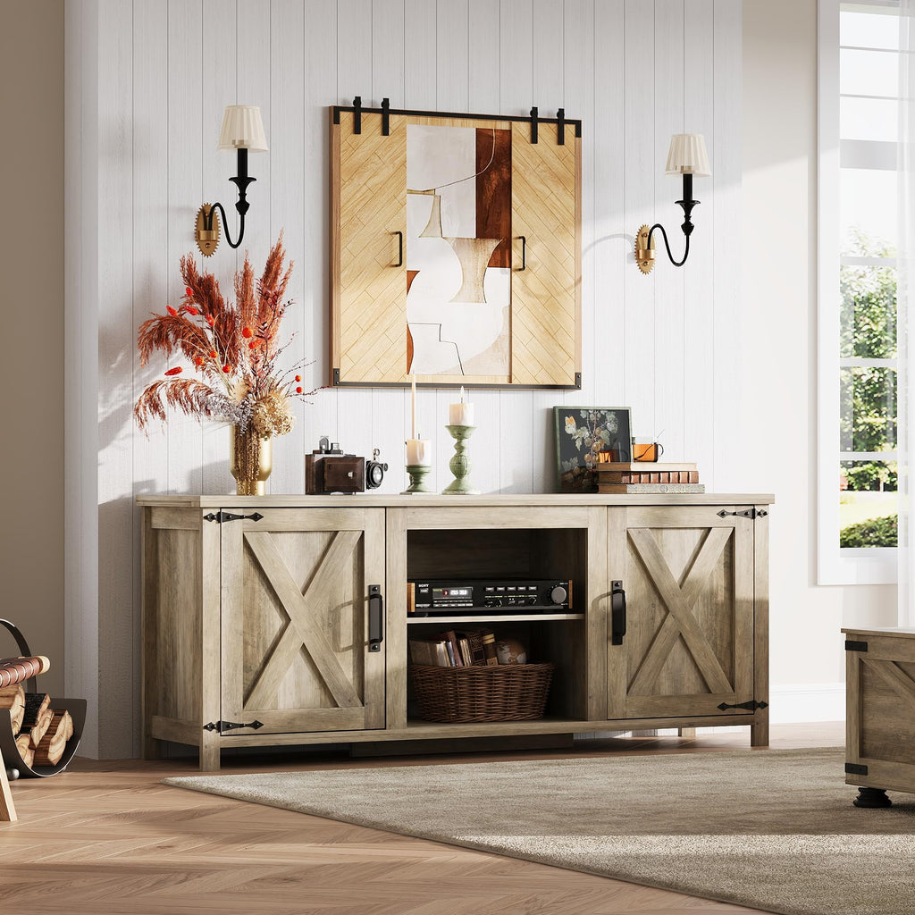 Farmhouse TV Stand for TVs Up to 65", Entertainment Center, Gray Oak