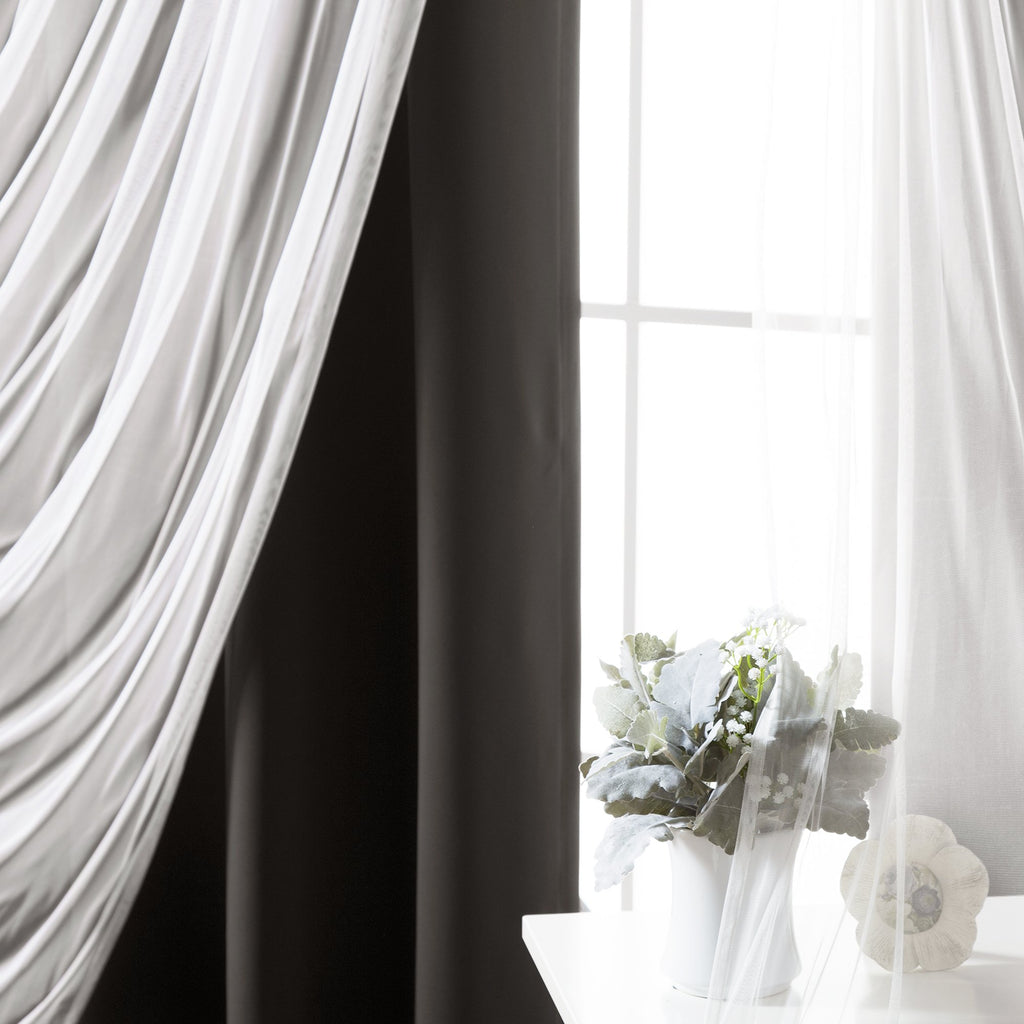 Fashion Mix & Match Tulle Sheer with Attached Valance & Solid Blackout Curtain Set - Stainless Steel Nickel Grommet