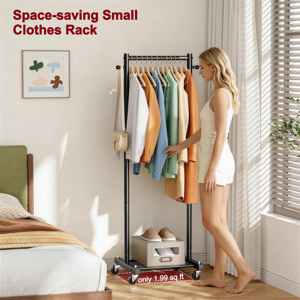 Small Clothes Racks for Hanging Clothes, Rolling Clothing Rack with Shelves, 60" Metal Garment Rack with Wheels