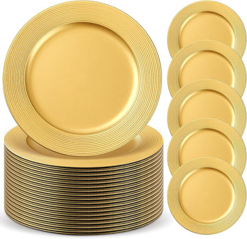 Gold Charger Plates Bulk 13 Inch Round Dinner Charger with Ring Pattern Reusable Plastic Wedding Elegant Plate - Set of 50