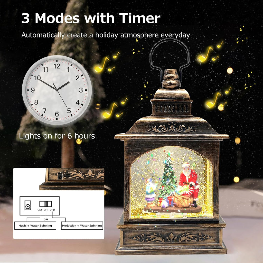 Christmas Snow Globe Lantern Musical with 6H Timer,Stars Projection,Santa Christmas Tree Lighted Scene Snow Globes