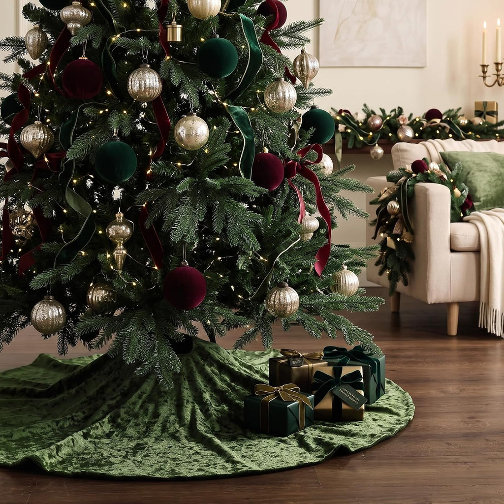 48 Inch Velvet Christmas Tree Skirt, Luxury Emerald Green Crushed Velvet Tree Skirt, Elegant Vintage Shiny Thick Base