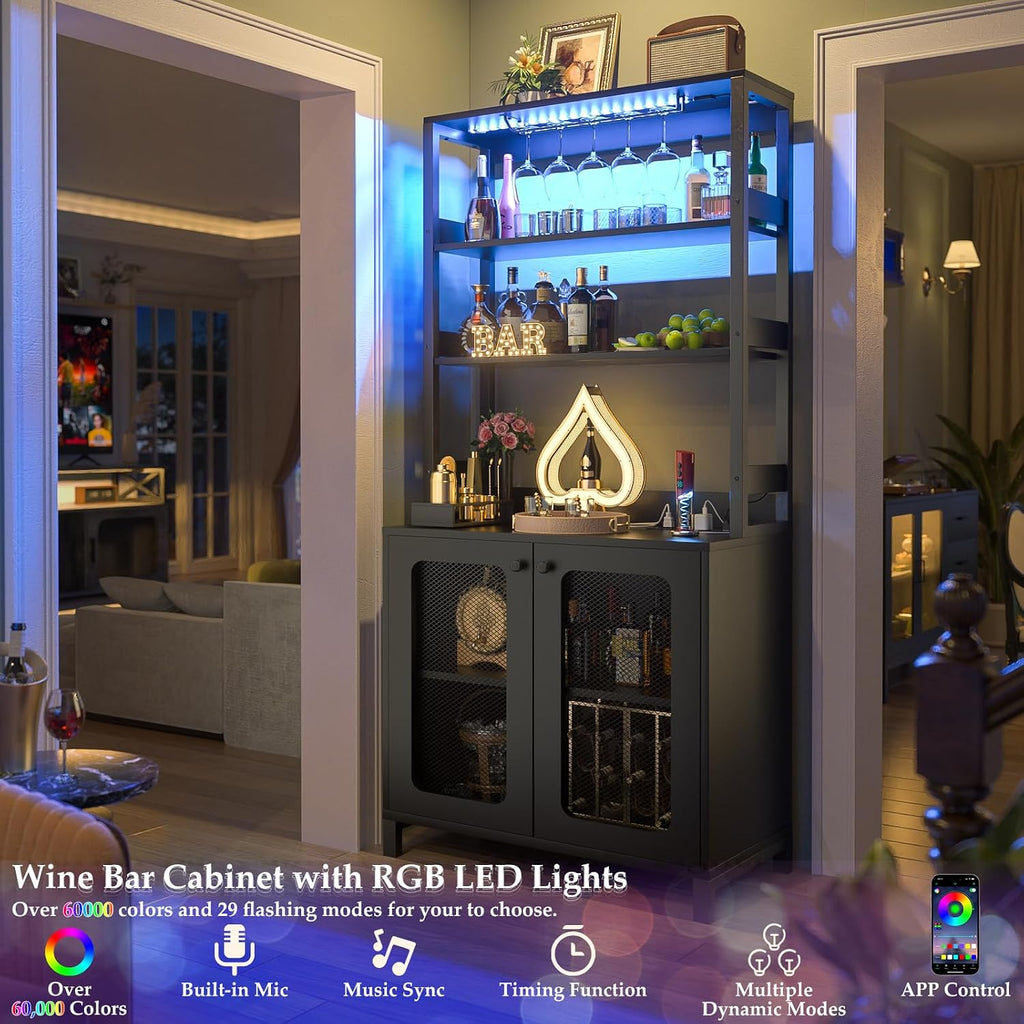 Bar Cabinet with Power Outlets, 67" Tall Wine Bar Cabinet, Black | Liquor Cabinets with LED Lights and Glass Holder