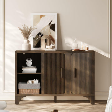 Mid Century Modern Fluted Buffet Cabinet with Storage, Accent Sideboard and Credenza Storage Cabinet with Doors, Wood