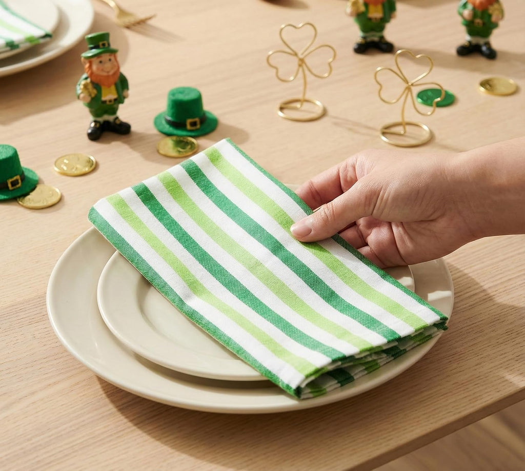 Plain Striped Cloth Napkins - Set of 12-100% Cotton - 18 x 18 Inch -St Patricks Day and Perfect Everyday Use Dinner