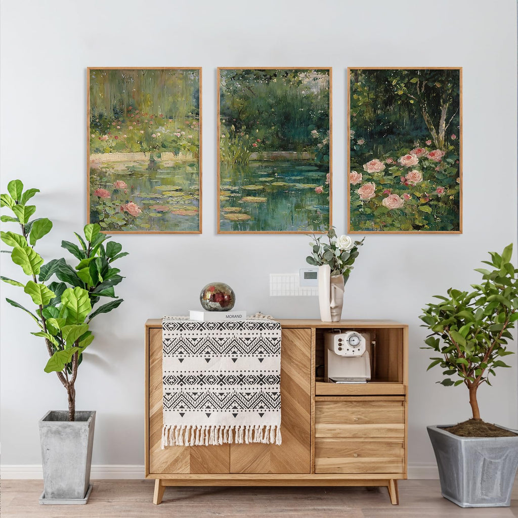 Monet Framed Canvas Wall Art Set, Impressionist Floral Garden Wall Decor, 3 Piece Claude Monet Green Botanical