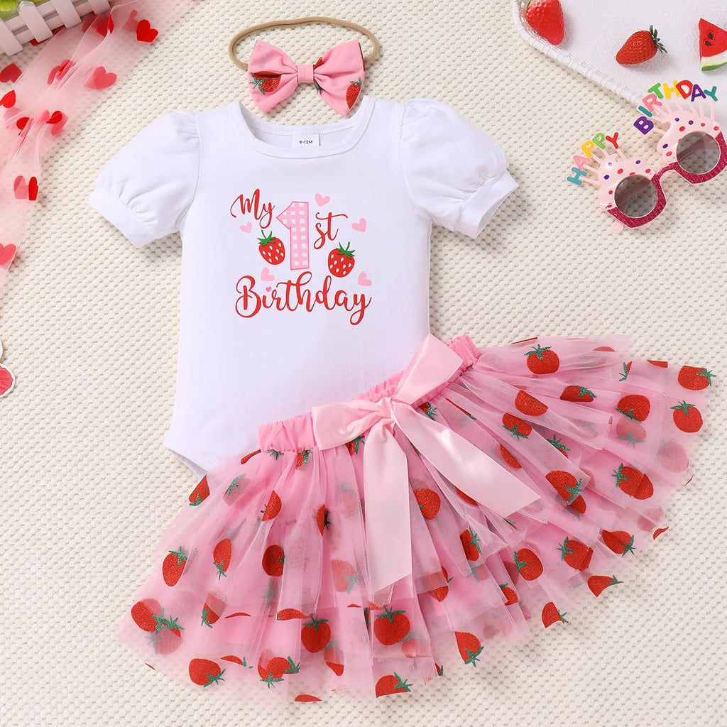 Baby Girls First Birthday Cake Smash Outfit Cotton Short Sleeve Romper Tiered Tutu Skirt Bowknot Headband Set