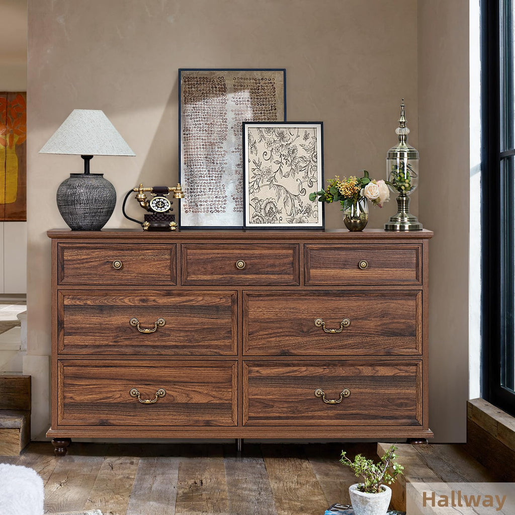 Farmhouse 54" 7 Drawers, Vintage Wood Chest of Drawers w/ 4 Wooden Legs, Wide Closet Storage Dressers Organizer