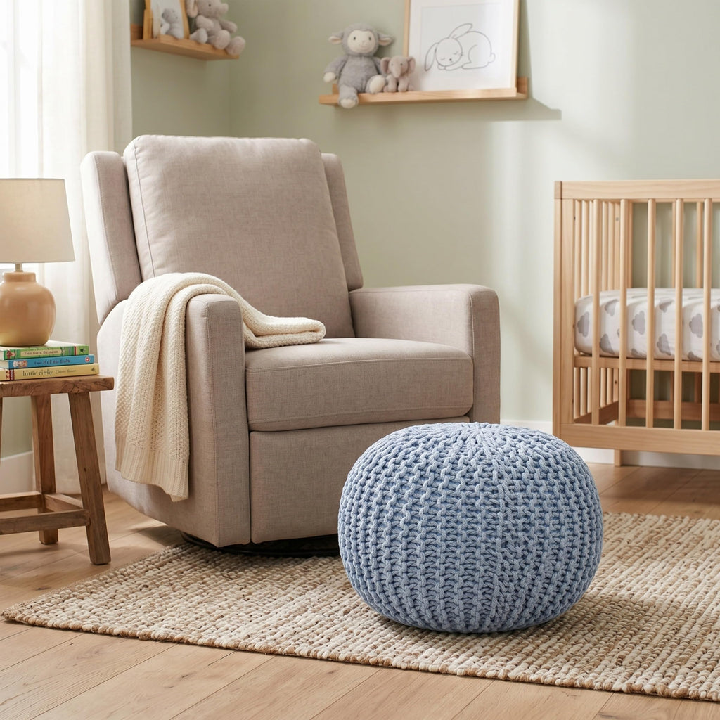 Round Pouf Ottoman Foot Rest, Soft Blue, 18.5"x18.5"x15"