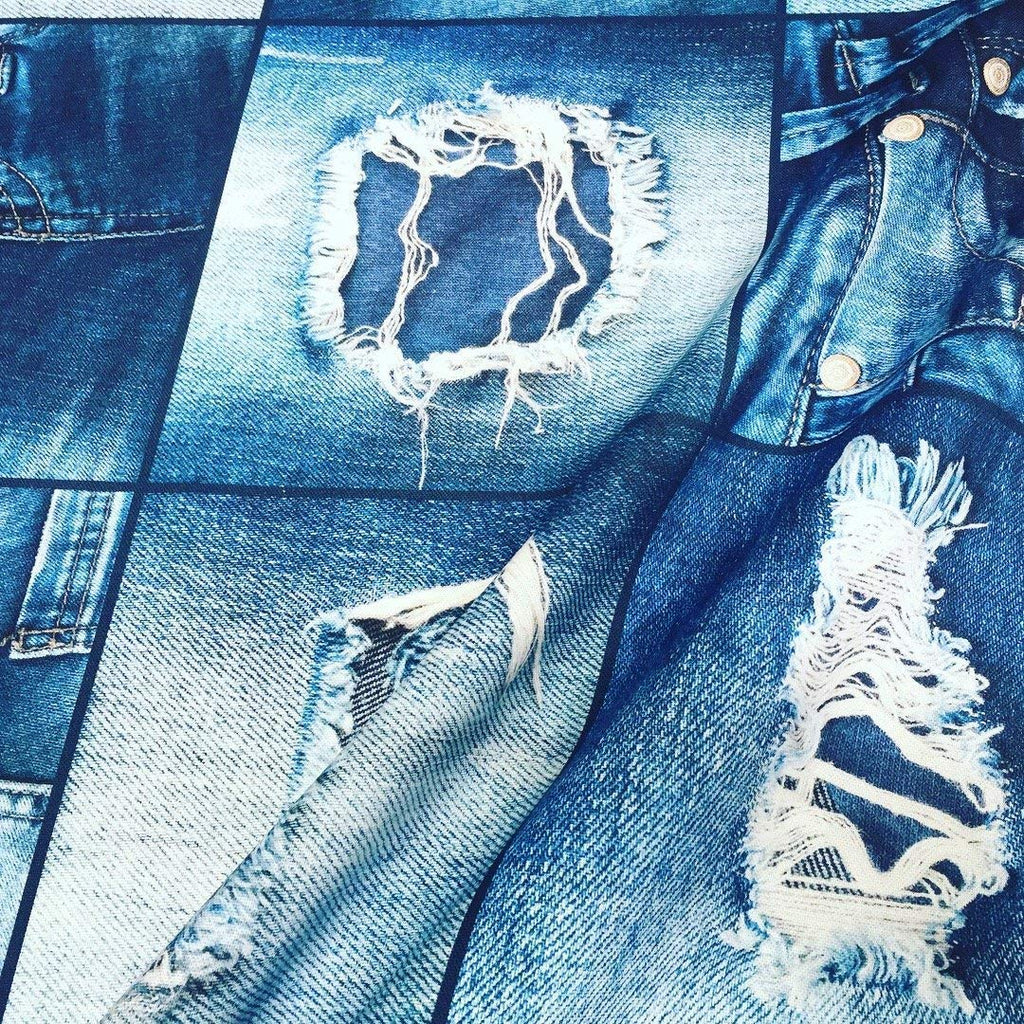 Denim Effect Fabric for Interior Decoration, Curtains - Blue Patchwork Cotton Material - Digital Print Canvas - 55''