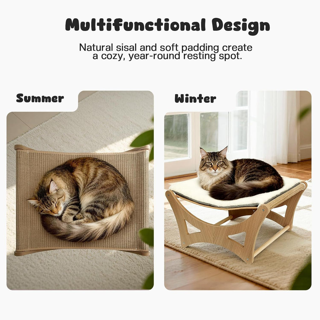 Cat Hammock Bed, Wooden Elevated Cat Beds with Natural Sisal Scratching Mat, Cats Scratcher Bed with Removable Soft