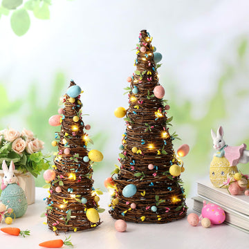 2 Pcs Easter Rattan Cone Tree Decoration Artificial Table Tree with Pastel Berries LED Lights for Easter Porch