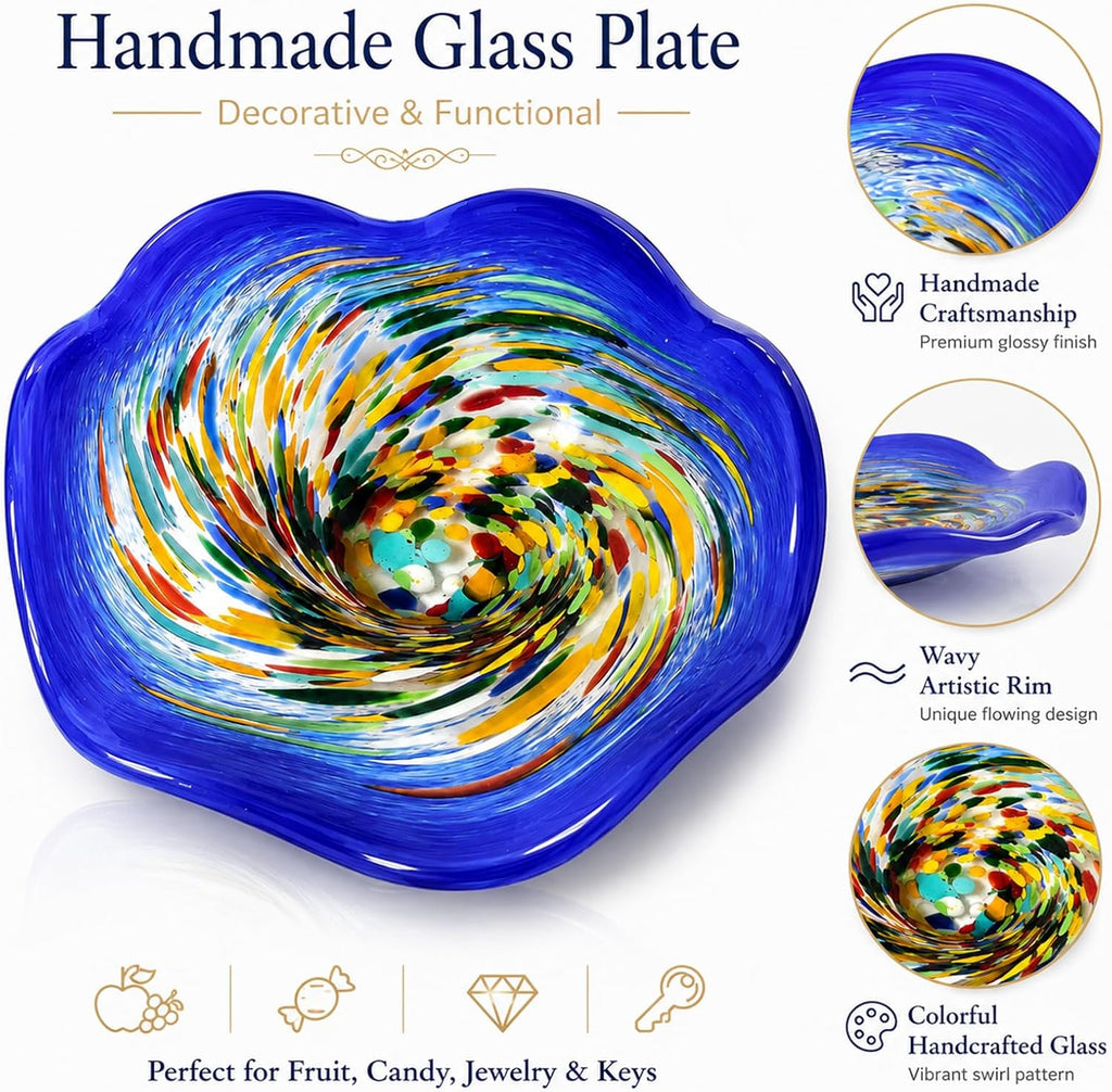 Hand Blown Murano-style Art Glass Bowl, 10.2-Inch Large Decorative Centerpiece for Table, Cobalt Blue Fruit Display &