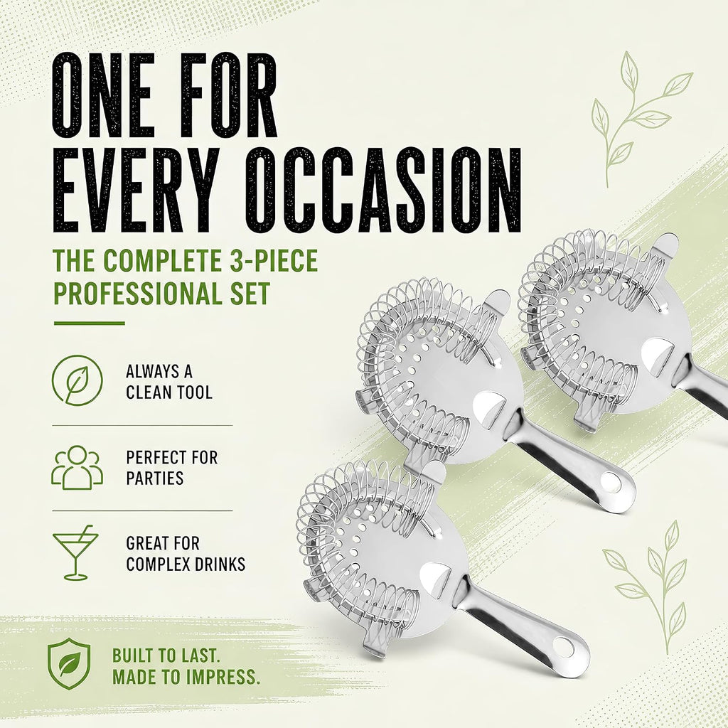 Hawthorne Strainer for Cocktails - Professional Bar Strainer - 4 Prong Design - Bartender Strainer for Shaker - Use - Set of 3