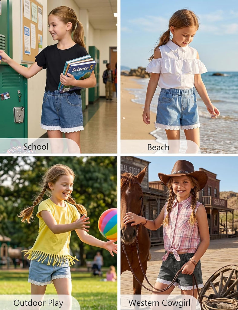 Girls Lace Trim Denim Jeans Shorts Elastic Waist Pull On Summer Shorts with Pockets
