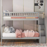 Twin Over Full Bunk Bed with Stairs, Wood Bed Frame with Storage Space and Guard Rail for Bedroom, Dorm, for Teens