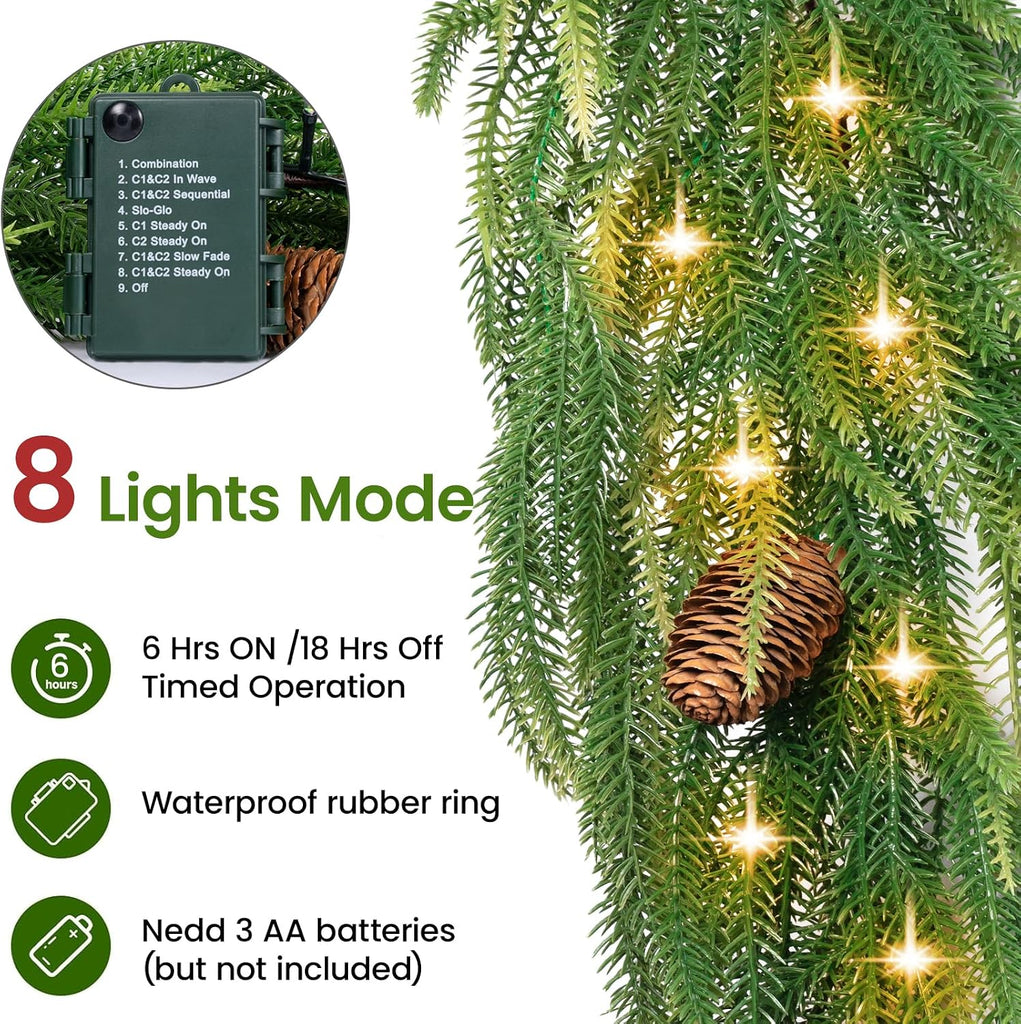 9FT Norfolk Pine Garland with Lights, Lighted Christmas Garland with Timer & 8 Lights Modes- Prelit Battery Operated