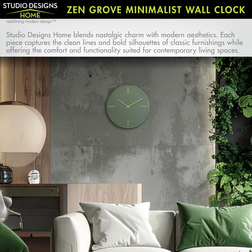 Zen Grove Minimalist Wall Clock, 15.75" Modern Green Wall Clock with Gold Accents, Subtle Stripe Face, Quartz