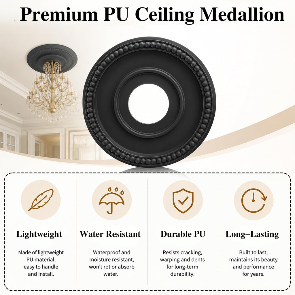 12 Inch OD x 4inch ID Black Ceiling Medallion Plate - PU Plastic Decorative Cover for Fan, Light Fixtures, Chandelier