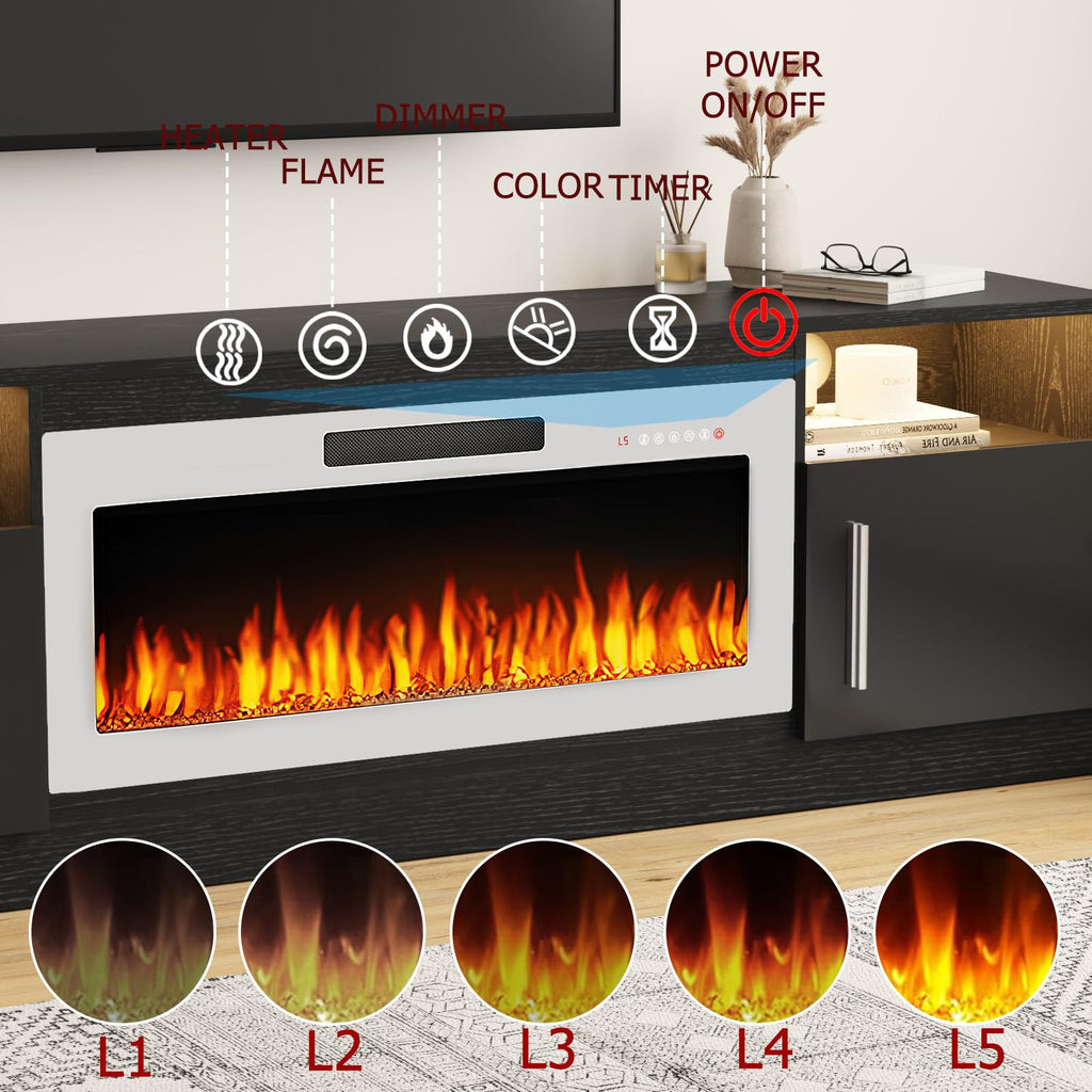 70", Modern LED Light Entertainment Center with Storage and 36" Fireplace, Media TV Console for TVs Up to 80", Fire