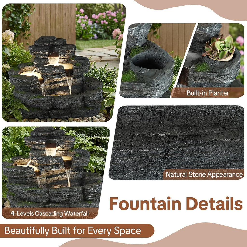 4-Tier Outdoor Water Fountain, 29.7" L Rustic Rock Waterfall Fountain with LED Lights