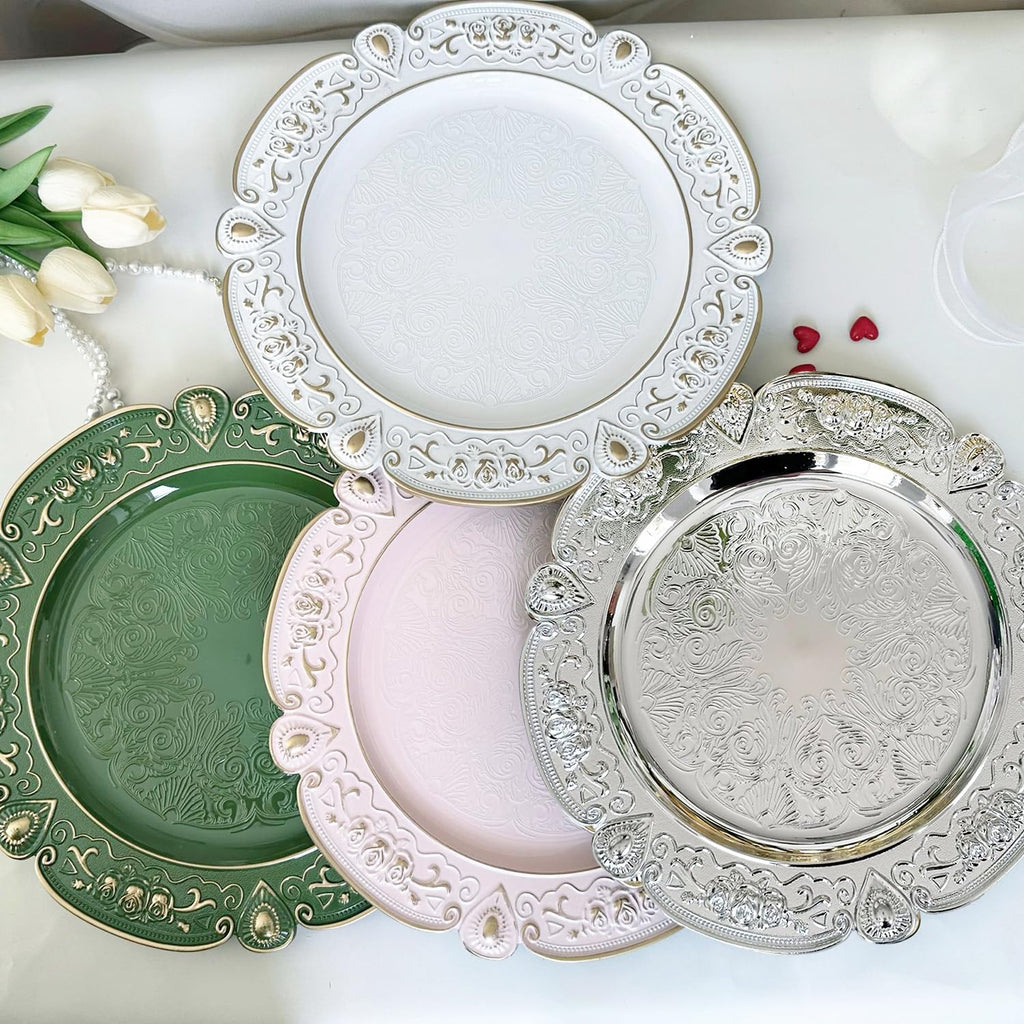 13" Green Charger Plates Set of 6 Floral Embossed Chargers for Dinner Plates, Round Server Ware Charger Plates for