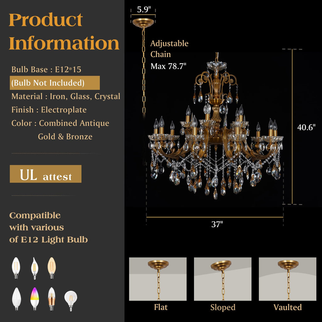 Antique Gold Bronze Crystal Chandeliers Candle Style Hanging Light