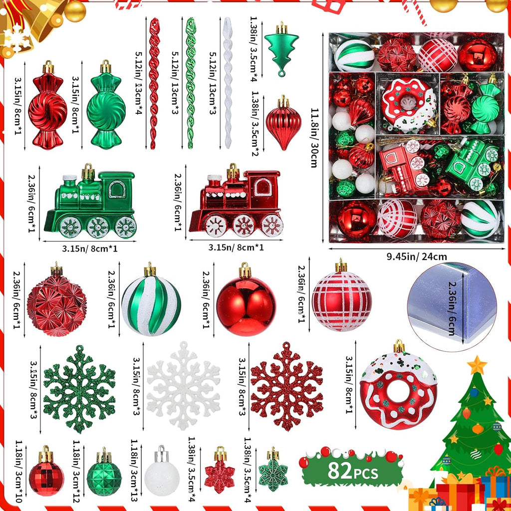 82pcs Christmas Balls Ornaments Set with Hanging Strings, Delightful Xmas Decor Including Train, Candy & Snowflake