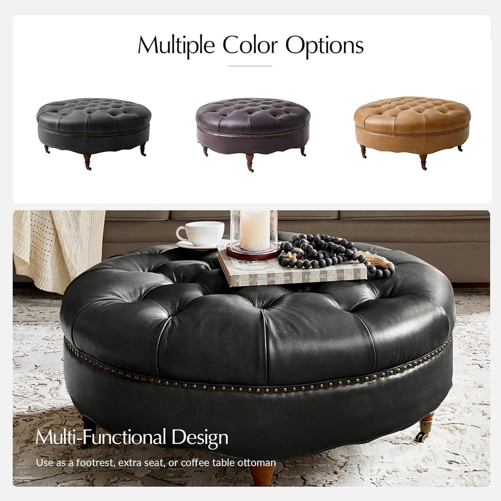 40" Genuine Leather Coffee Table with Rolling Wheels, Black | Large Round Button Tufted Coffee Table with Solid Wood