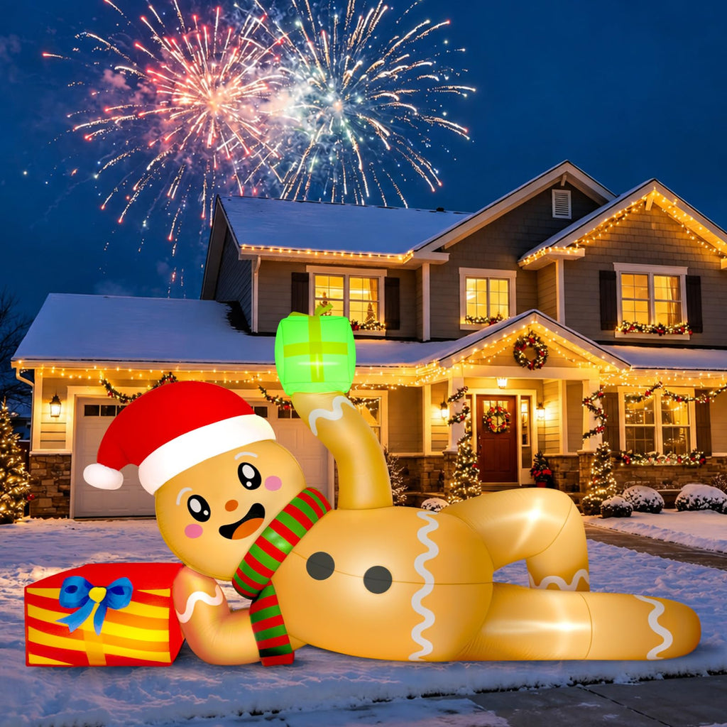 10 FT Christmas Inflatable Outdoor Decoration, Lying Gingerbread Inflatable Christmas Blow up Yard Decorations with