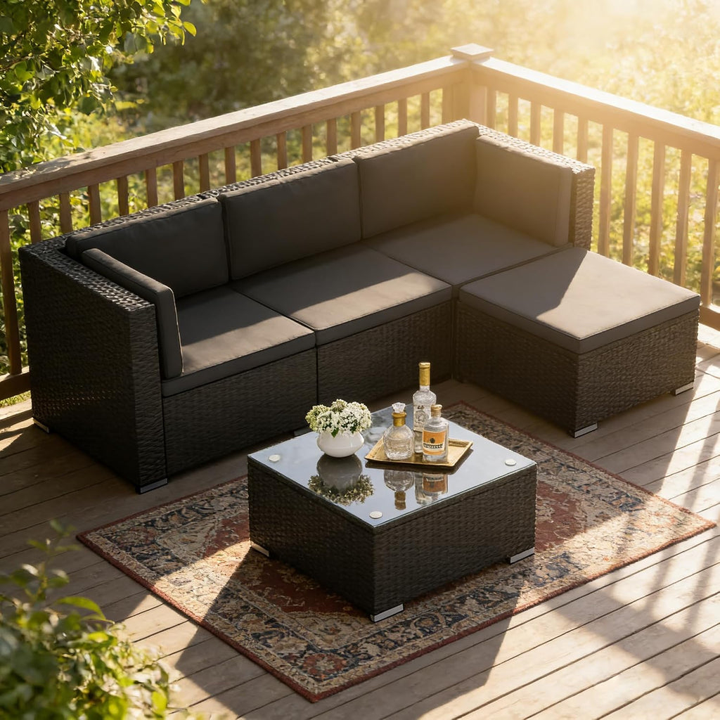 5-Piece Outdoor Patio Furniture Set, All-Weather PE Rattan Sectional Sofa with Ottoman, Glass Coffee Table &