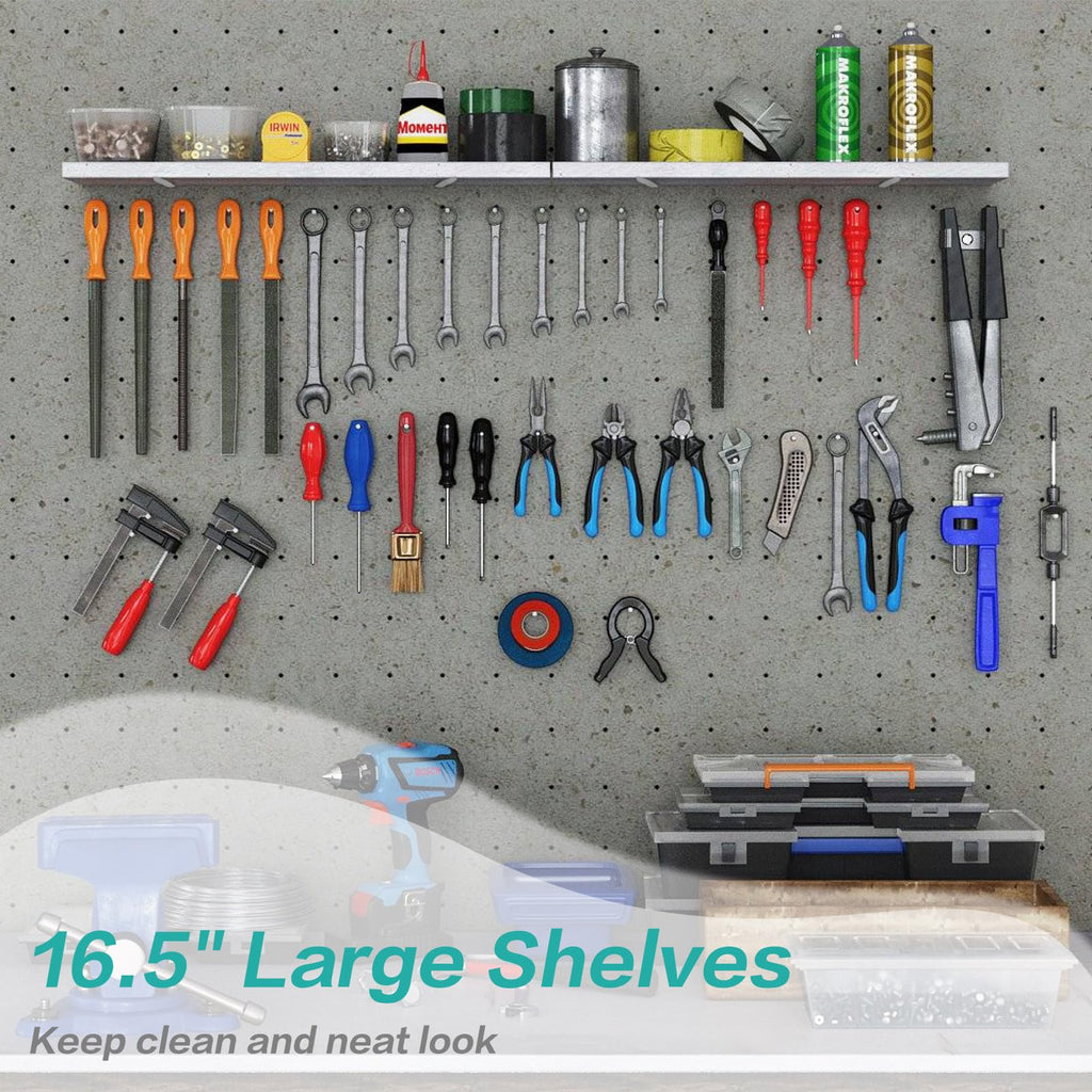 Pegboard Shelves, 2Pack White 16" x 6" Large Peg Board Racks and Brackets