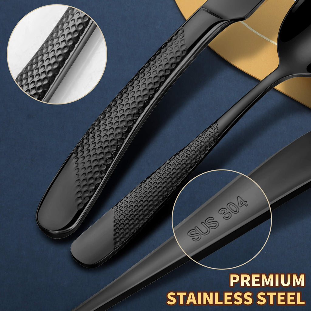 Hammered 30-Pieces Set Black Silverware Set for 6 with Serrated Forging Knives,18/10 Stainless Steel Modern Flatware