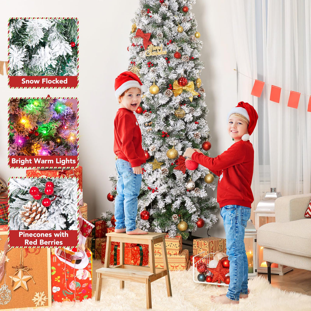 7FT Pre-Lit Snow Christmas Tree with Remote Control and Timer, Snow Flocked Artificial Pencil Christmas Tree with 798