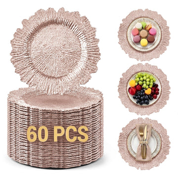60 Pack Rose Gold Charger Plates, Reef Chargers for Dinner Plates