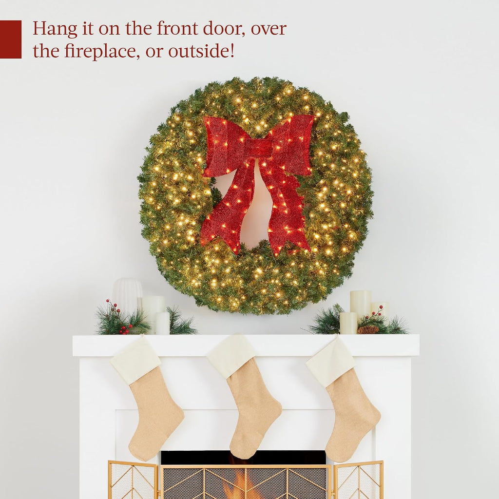 36in Large Artificial Pre-Lit Fir Christmas Wreath Holiday Accent Decoration for Door, Mantel w/Red Lighted Bow, 150