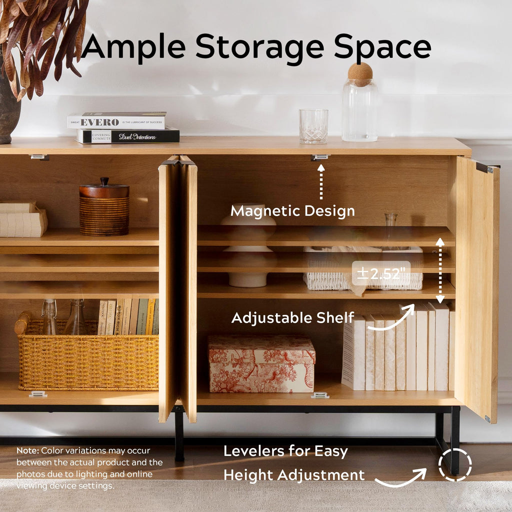 Fluted Sideboard Buffet Cabinet with 4 Doors, Modern Accent Storage Cabinet with Adjustable Shelves, Boho Console