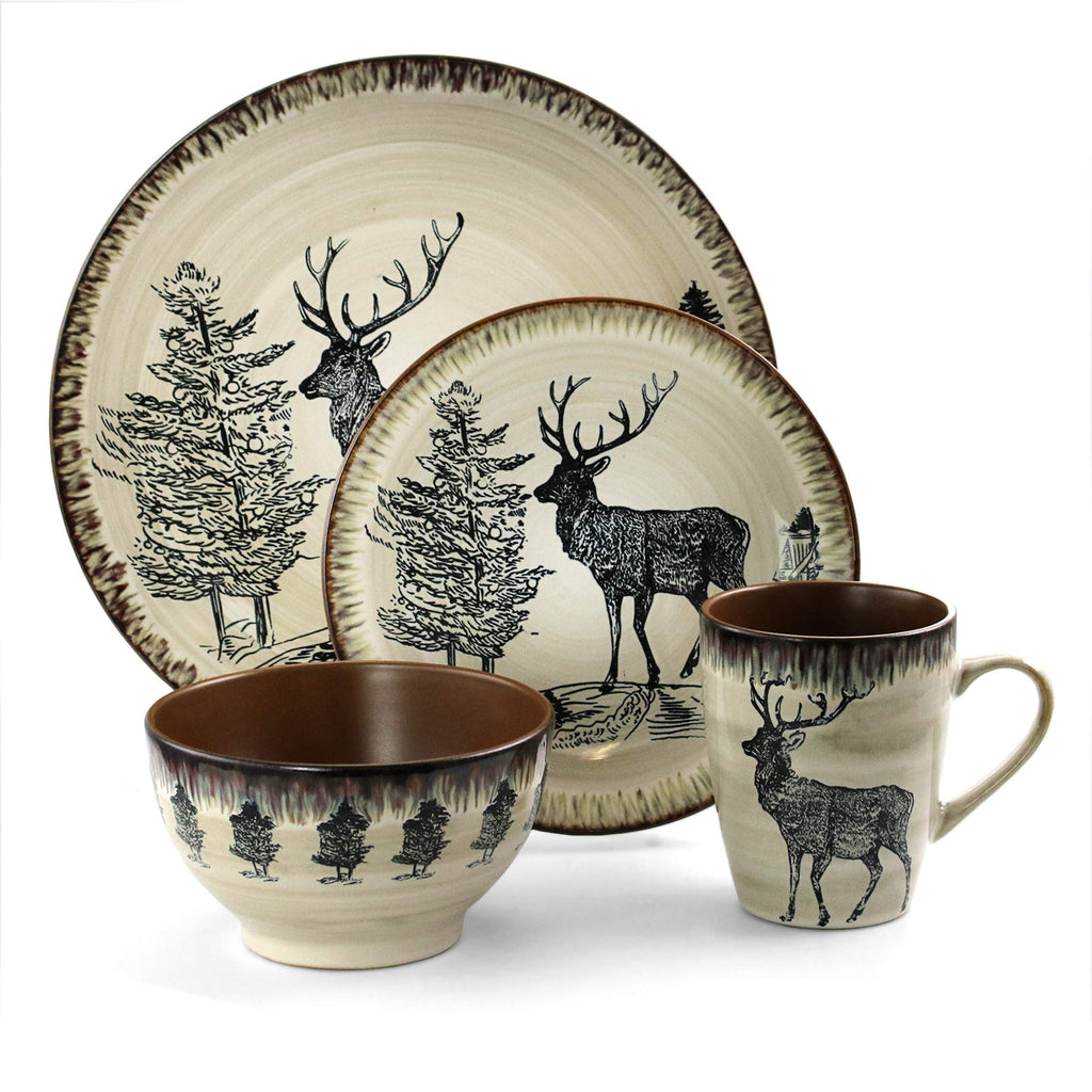Majestic Elk 16 Piece Round Stoneware Dinnerware Set in Taupe