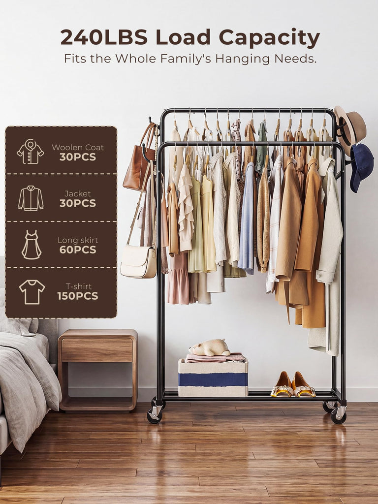 Clothes Rack, Rolling Clothing Rack with Double Rods for Hanging Clothes, Portable Garment Rack with Wheels, Metal