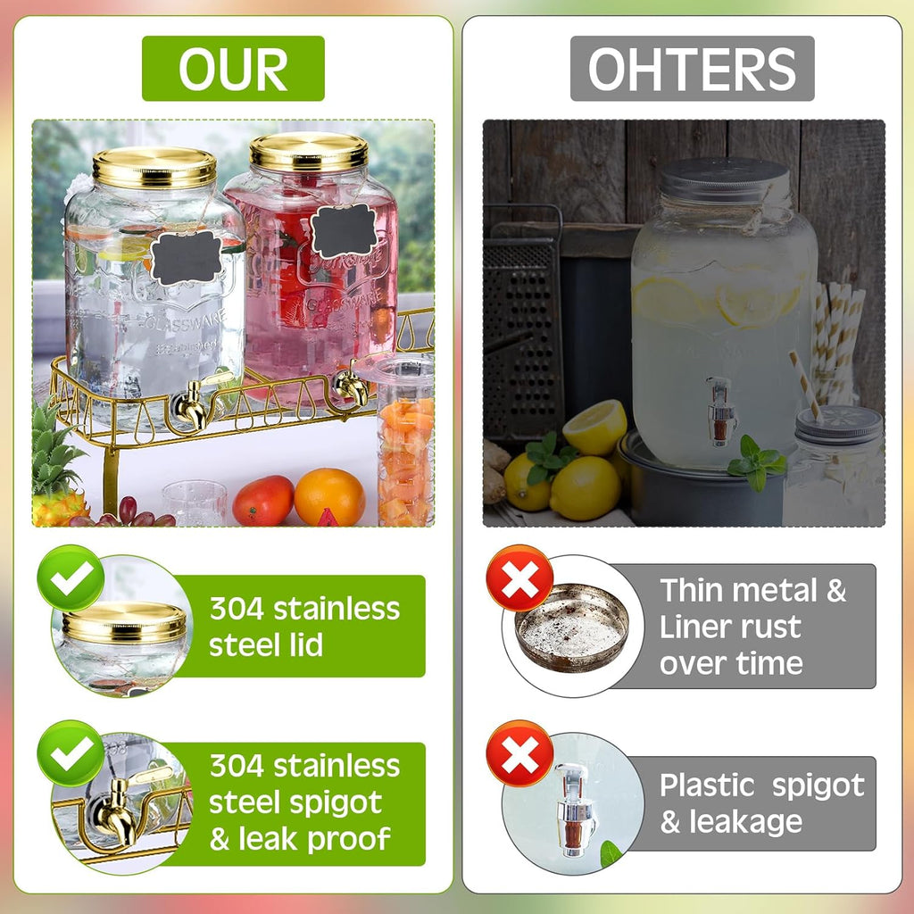 Gallon Glass Drink Dispenser with Stand and Lid Mason Jar Beverage Dispenser with Stainless Steel Spigot - Set of 3
